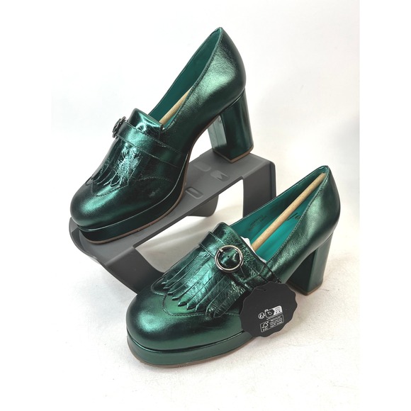 Joanie Metallic Green Platform Heels Fringe Loafers Retro Shoes Size 9 - Picture 1 of 9